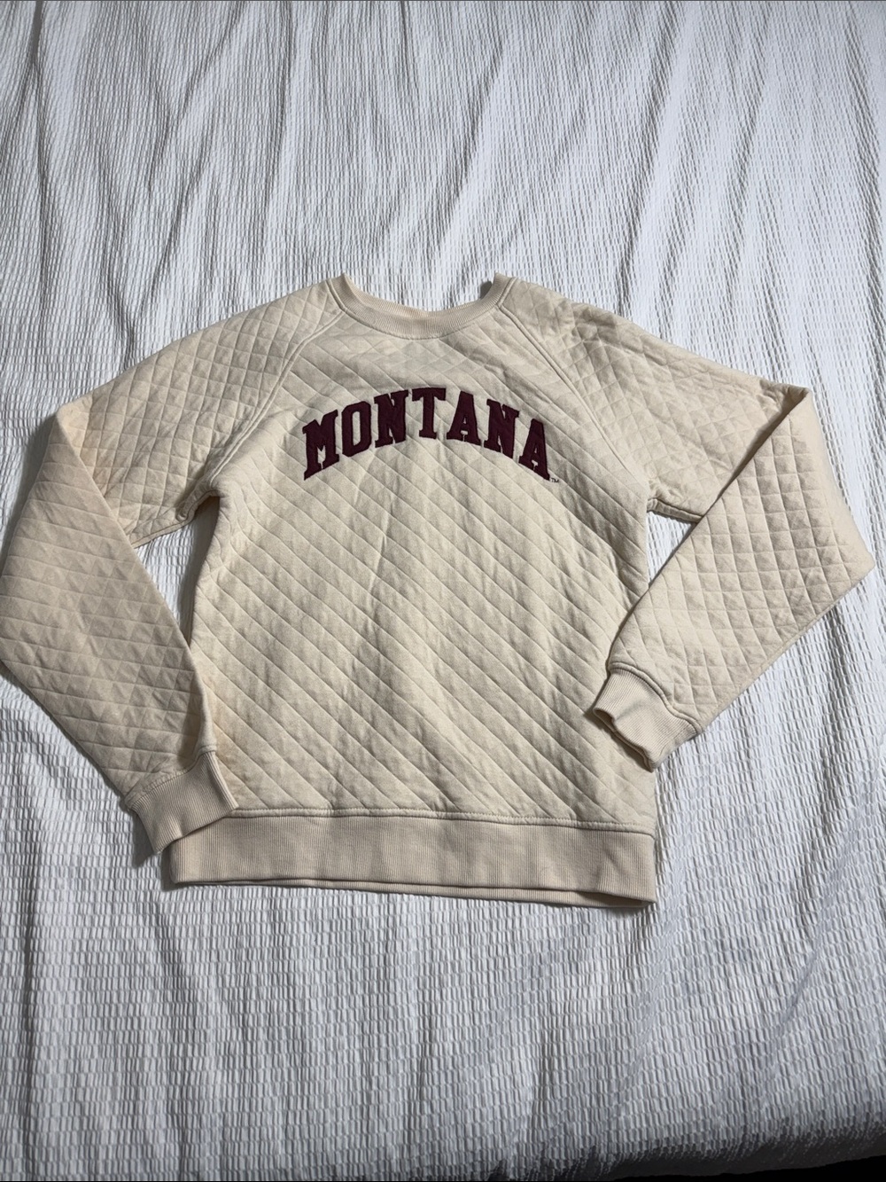 League Cream Quilted Crewneck with Maroon Logo Montana